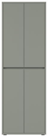 Frontansicht eines grauen XXL-Schuh- und Mehrzweckschranks mit vier Türen.