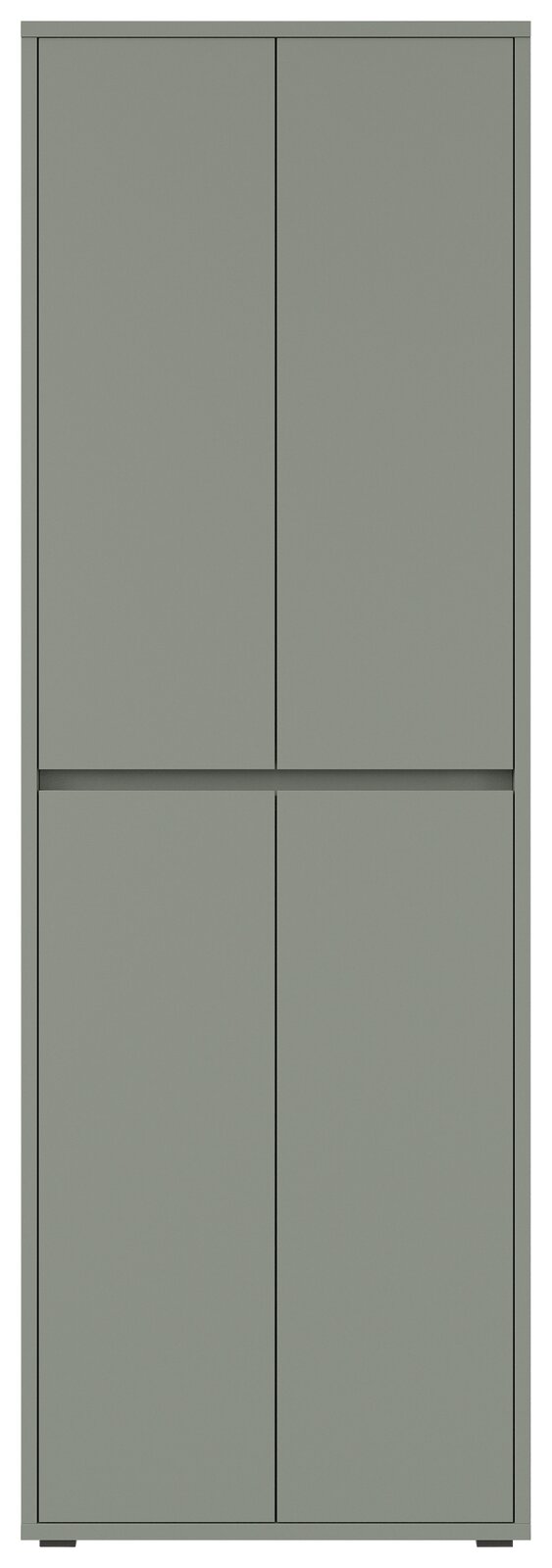 Frontansicht eines grauen XXL-Schuh- und Mehrzweckschranks mit vier Türen.