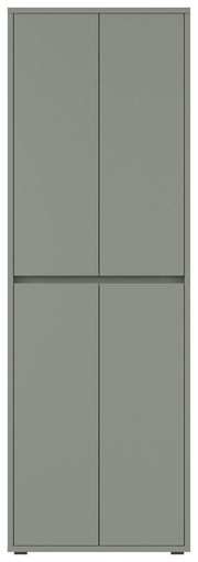 Frontansicht eines grauen XXL-Schuh- und Mehrzweckschranks mit vier Türen.