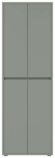 Frontansicht eines grauen XXL-Schuh- und Mehrzweckschranks mit vier Türen.