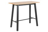 Moderner Bartisch mit Holzplatte und schwarzen Metallbeinen, seitliche Perspektive