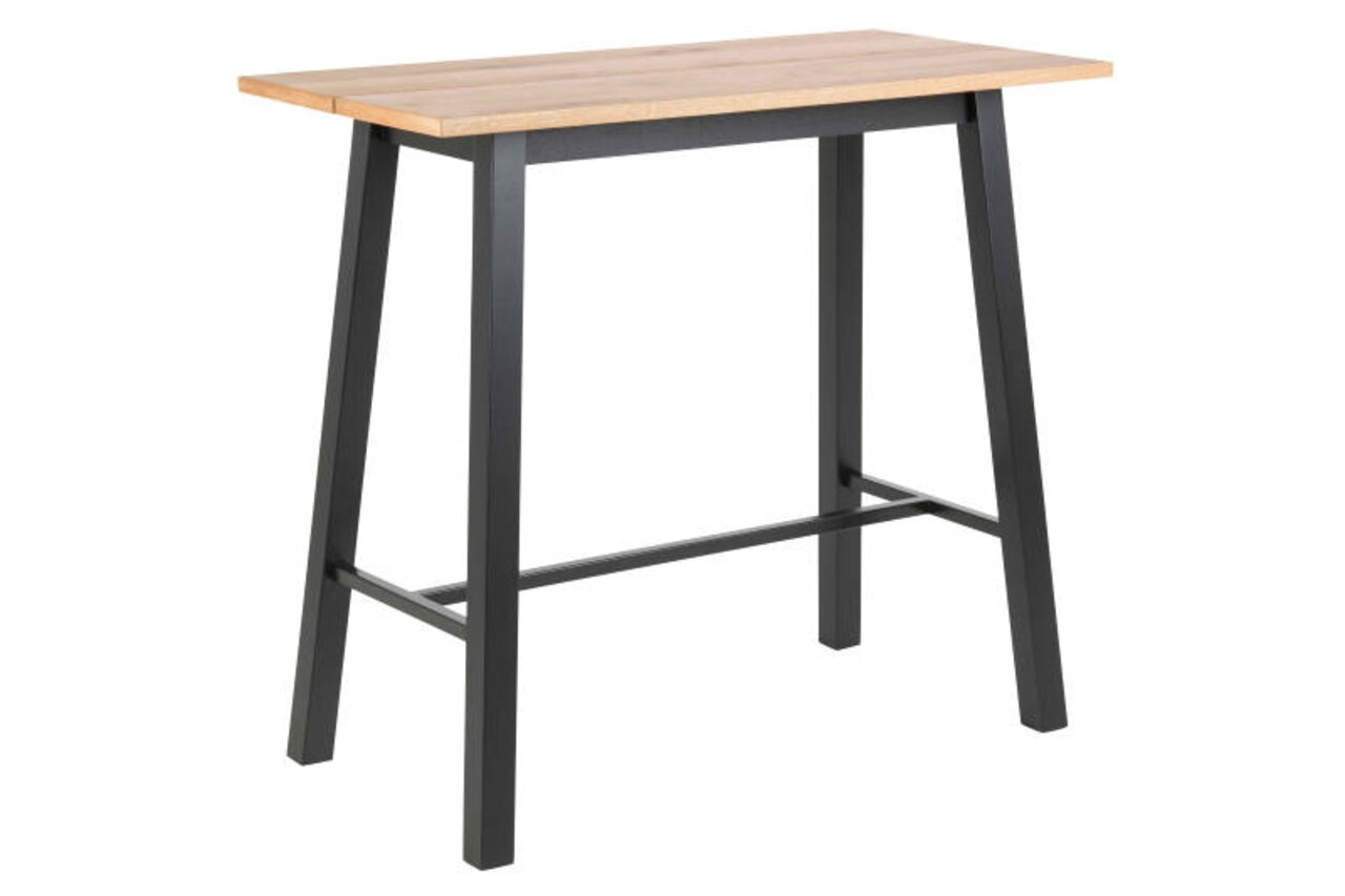 Moderner Bartisch mit Holzplatte und schwarzen Metallbeinen, seitliche Perspektive
