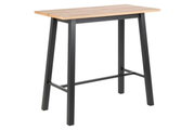 Moderner Bartisch mit Holzplatte und schwarzen Metallbeinen, seitliche Perspektive
