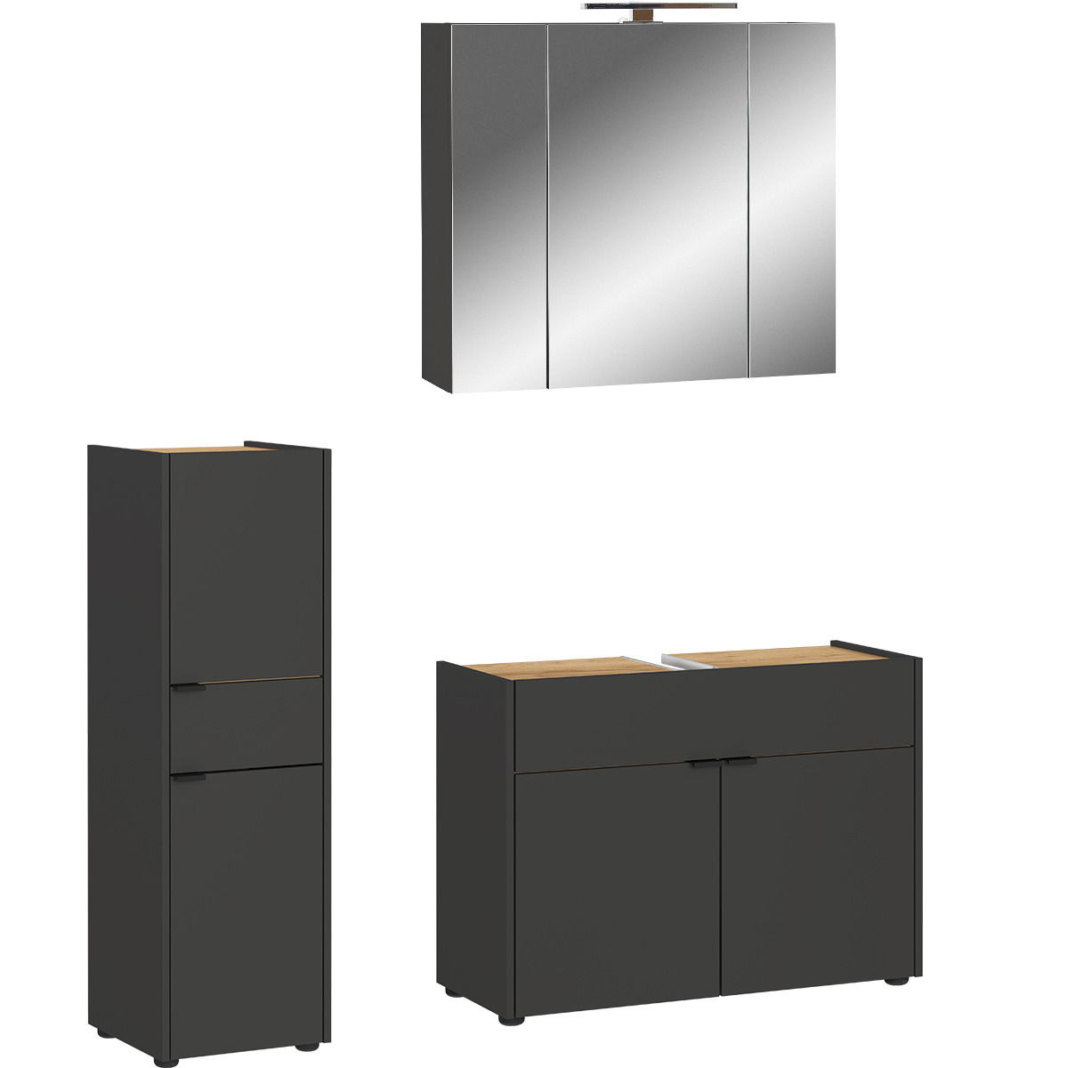 MID.YOU Badmöbel-Set FORANO Badmöbel-Set bestehend aus einem Spiegelschrank, einem Hochschrank und einem Unterschrank in dunkler Farbe mit Holzdetails, frontal abgebildet.