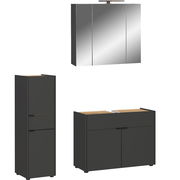 Badmöbel-Set bestehend aus einem Spiegelschrank, einem Hochschrank und einem Unterschrank in dunkler Farbe mit Holzdetails, frontal abgebildet.