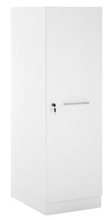 Weißer Haushaltschrank mit Türgriff und Schloss, seitliche Perspektive