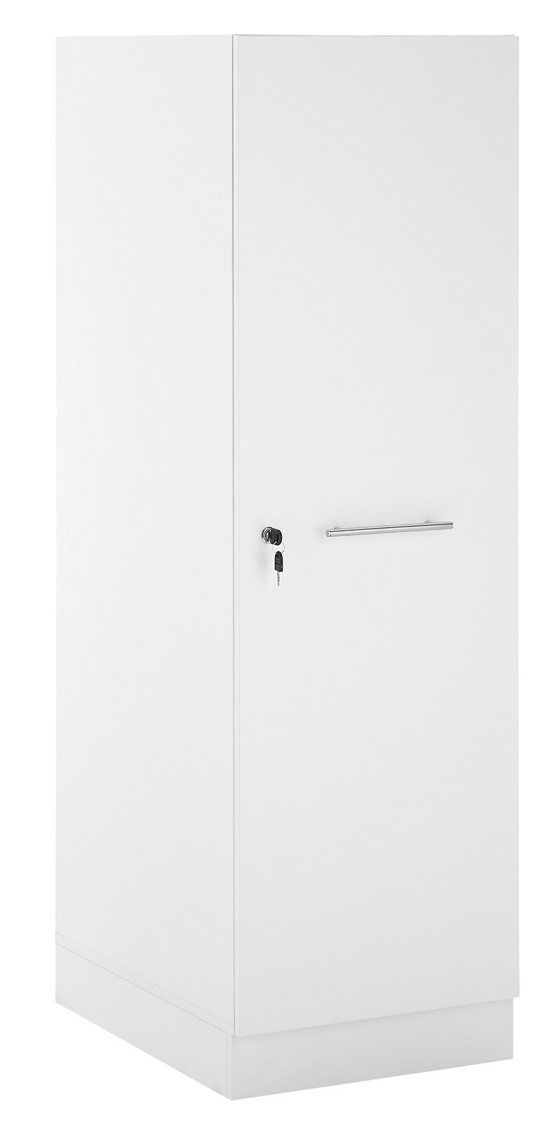 Weißer Haushaltschrank mit Türgriff und Schloss, seitliche Perspektive