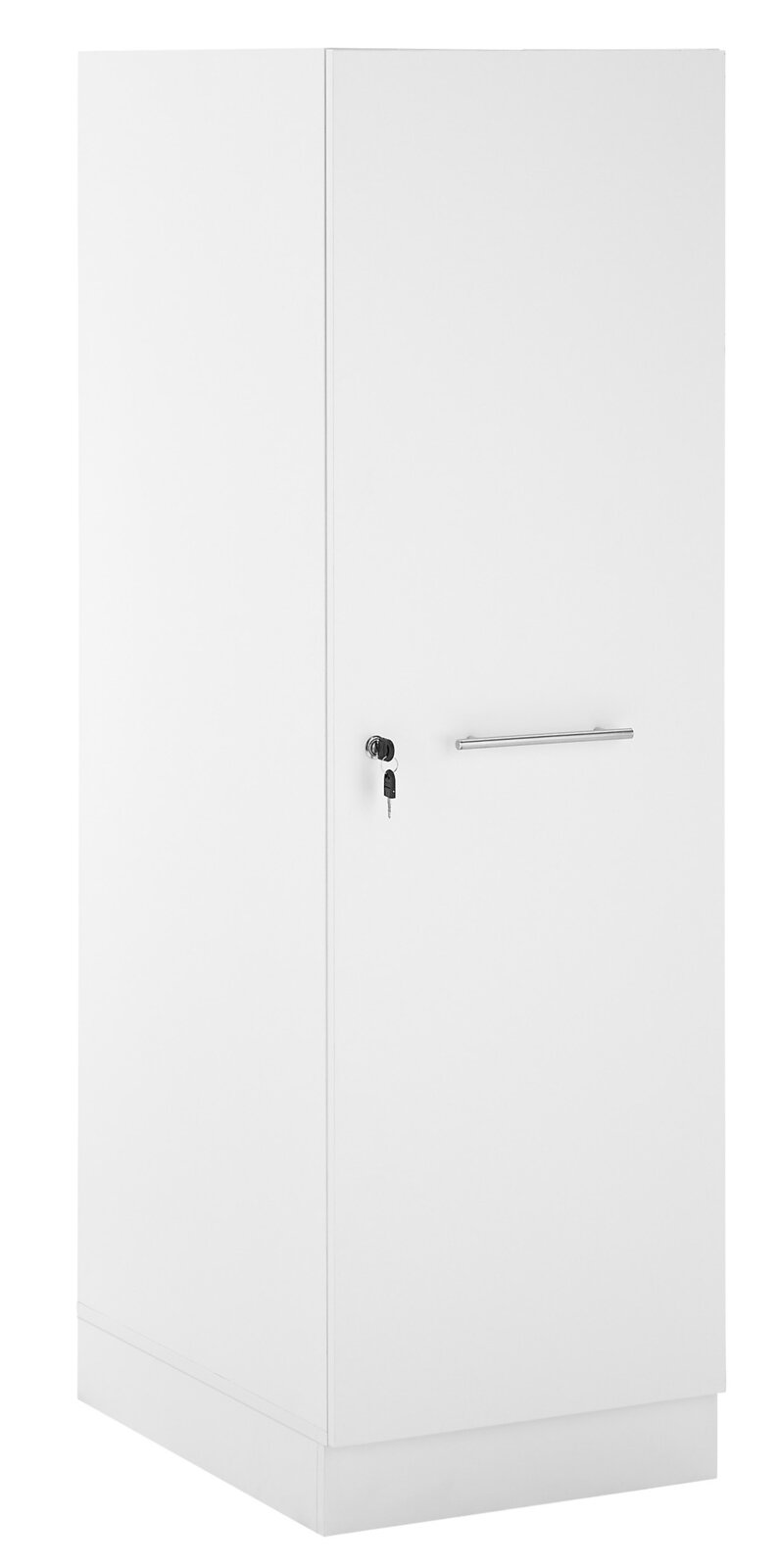 Weißer Haushaltschrank mit Türgriff und Schloss, seitliche Perspektive
