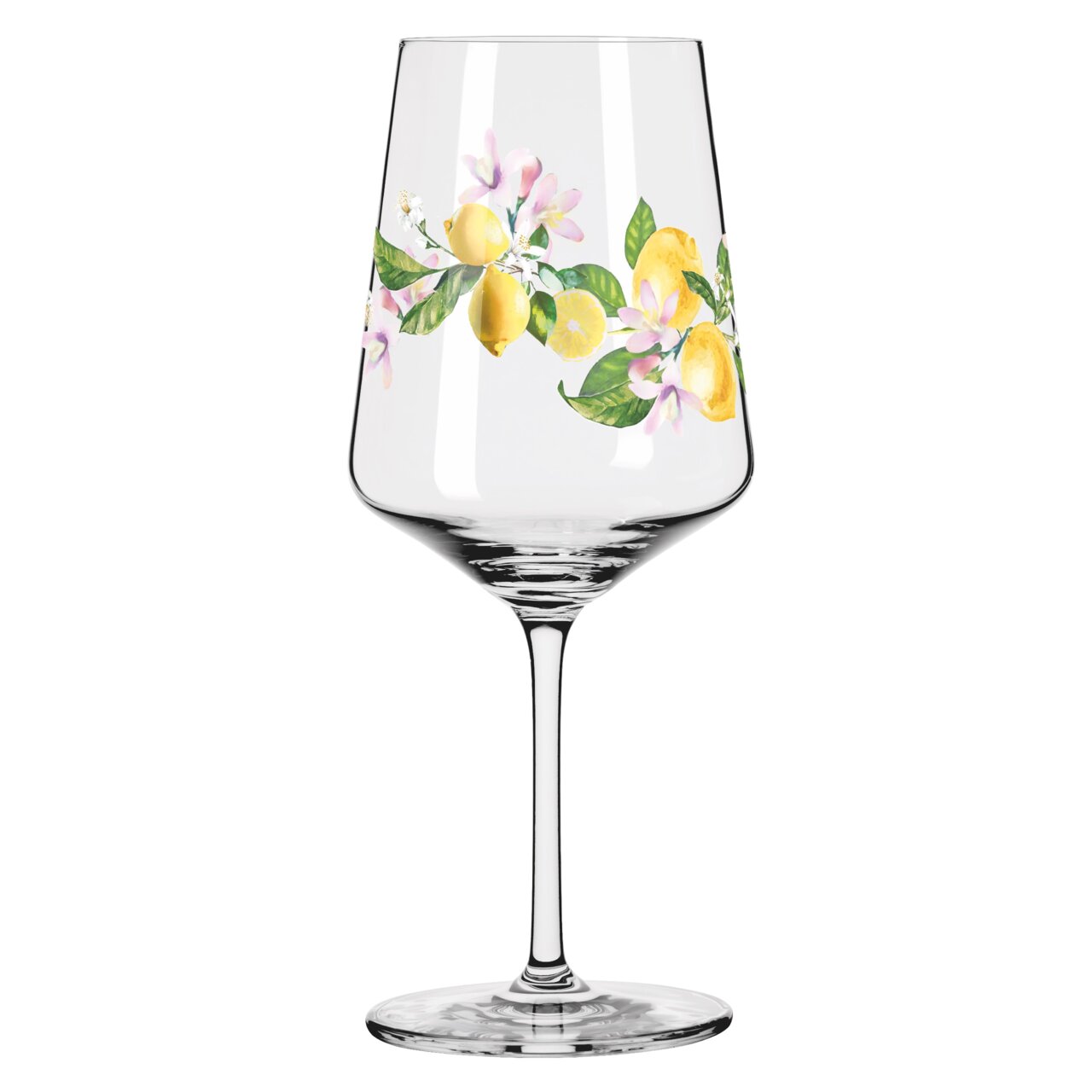 Wijnglas met citroen- en bloemenmotief, zijaanzicht