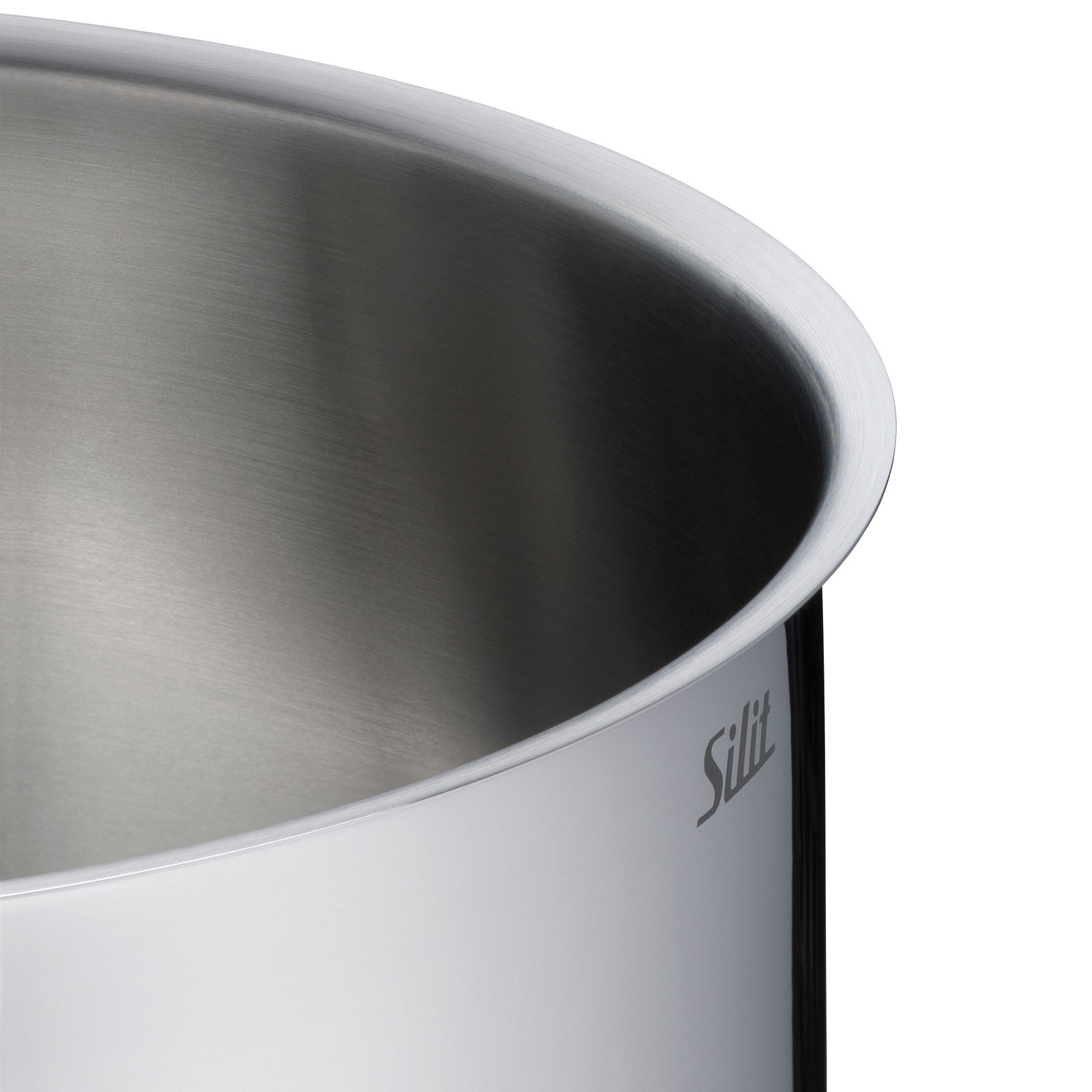 Nahaufnahme eines Teils eines Edelstahltopfs mit dem Schriftzug 'Silit', Blick von oben auf den Rand.