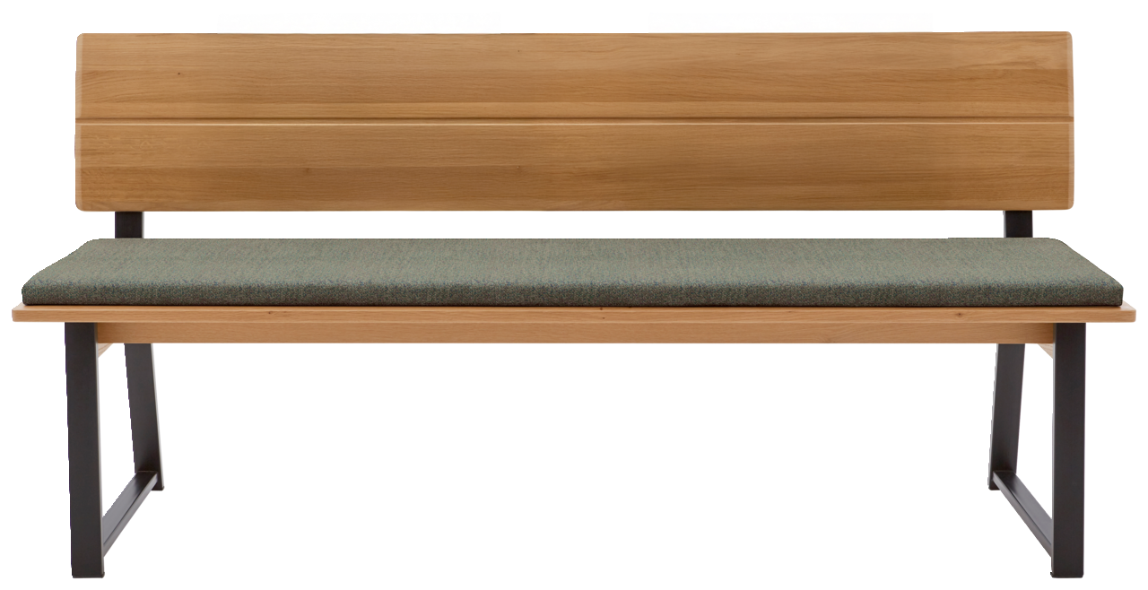 Holzbank mit grünem Polster, frontal betrachtet