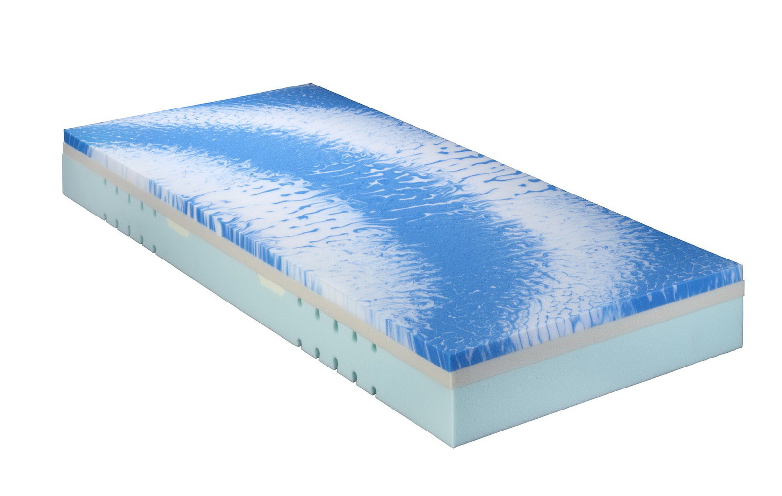 Kaltschaummatratze 90 x 200 cm mit blauer und weißer Oberfläche, seitliche Perspektive