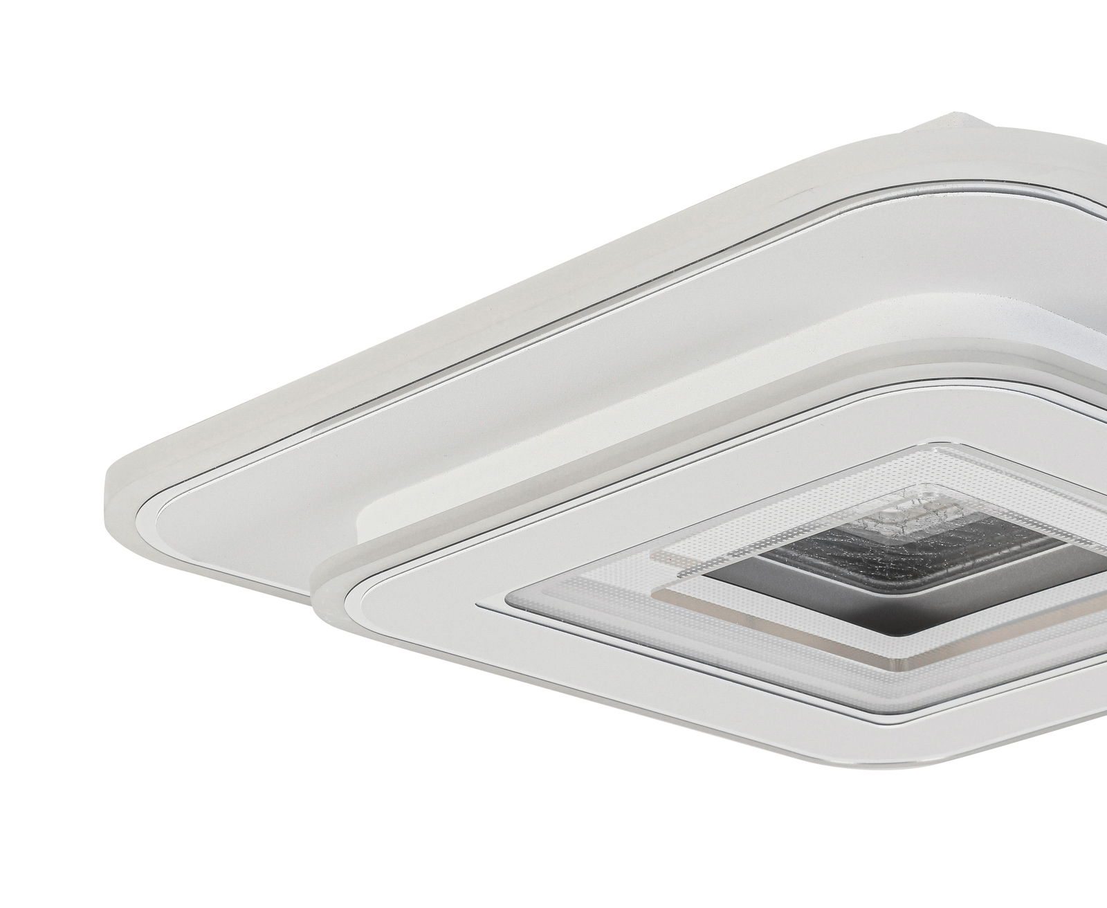 Nahaufnahme einer modernen, quadratischen LED-Deckenleuchte in Weiß mit abgerundeten Ecken, seitliche Perspektive