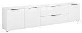 Weißes XL-TV-Lowboard mit mehreren Schubladen und Türen, seitliche Perspektive