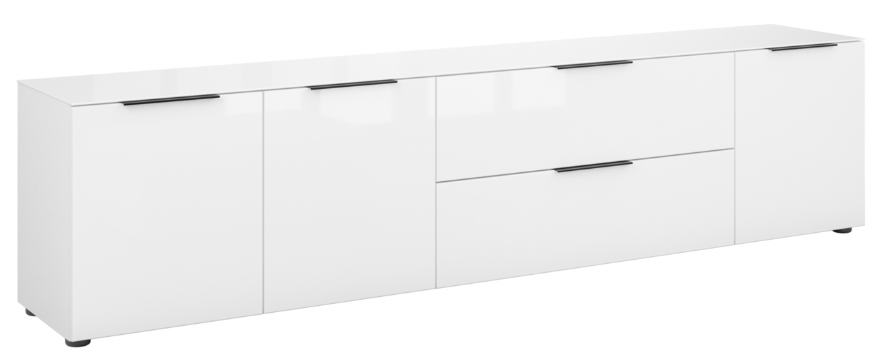 Novel XL-TV-Lowboard STYLE Weißes XL-TV-Lowboard mit mehreren Schubladen und Türen, seitliche Perspektive