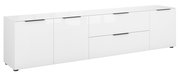 Weißes XL-TV-Lowboard mit mehreren Schubladen und Türen, seitliche Perspektive