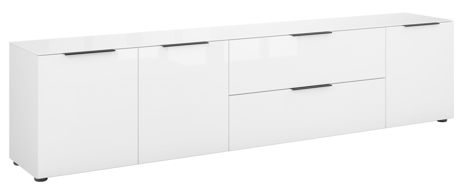 Weißes XL-TV-Lowboard mit mehreren Schubladen und Türen, seitliche Perspektive