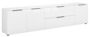 Weißes XL-TV-Lowboard mit mehreren Schubladen und Türen, seitliche Perspektive