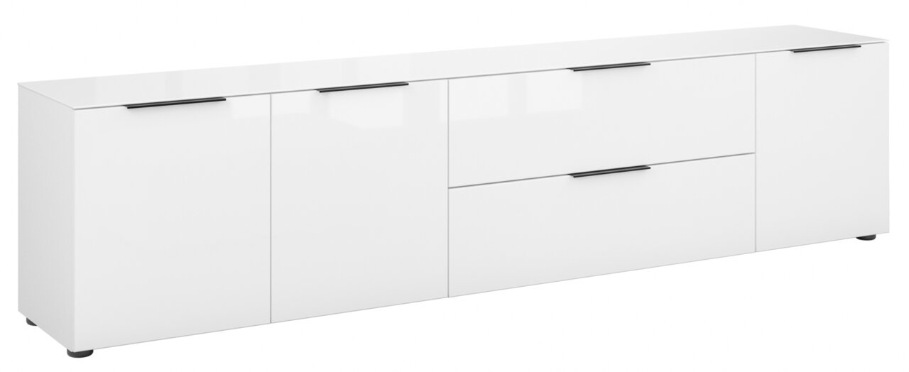 Weißes XL-TV-Lowboard mit mehreren Schubladen und Türen, seitliche Perspektive