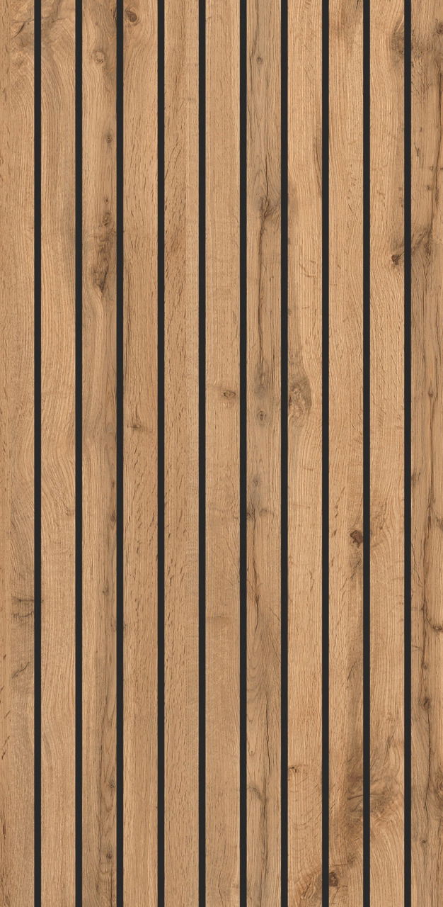 Frontale Ansicht eines Unterschranks mit vertikalen Holzlatten in natürlicher Eichenoptik.