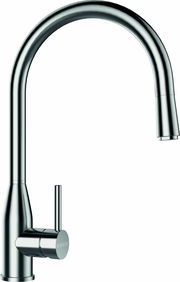 Moderner Einhebelmischer aus Edelstahl in seitlicher Ansicht mit gebogenem Auslauf und seitlichem Hebel.