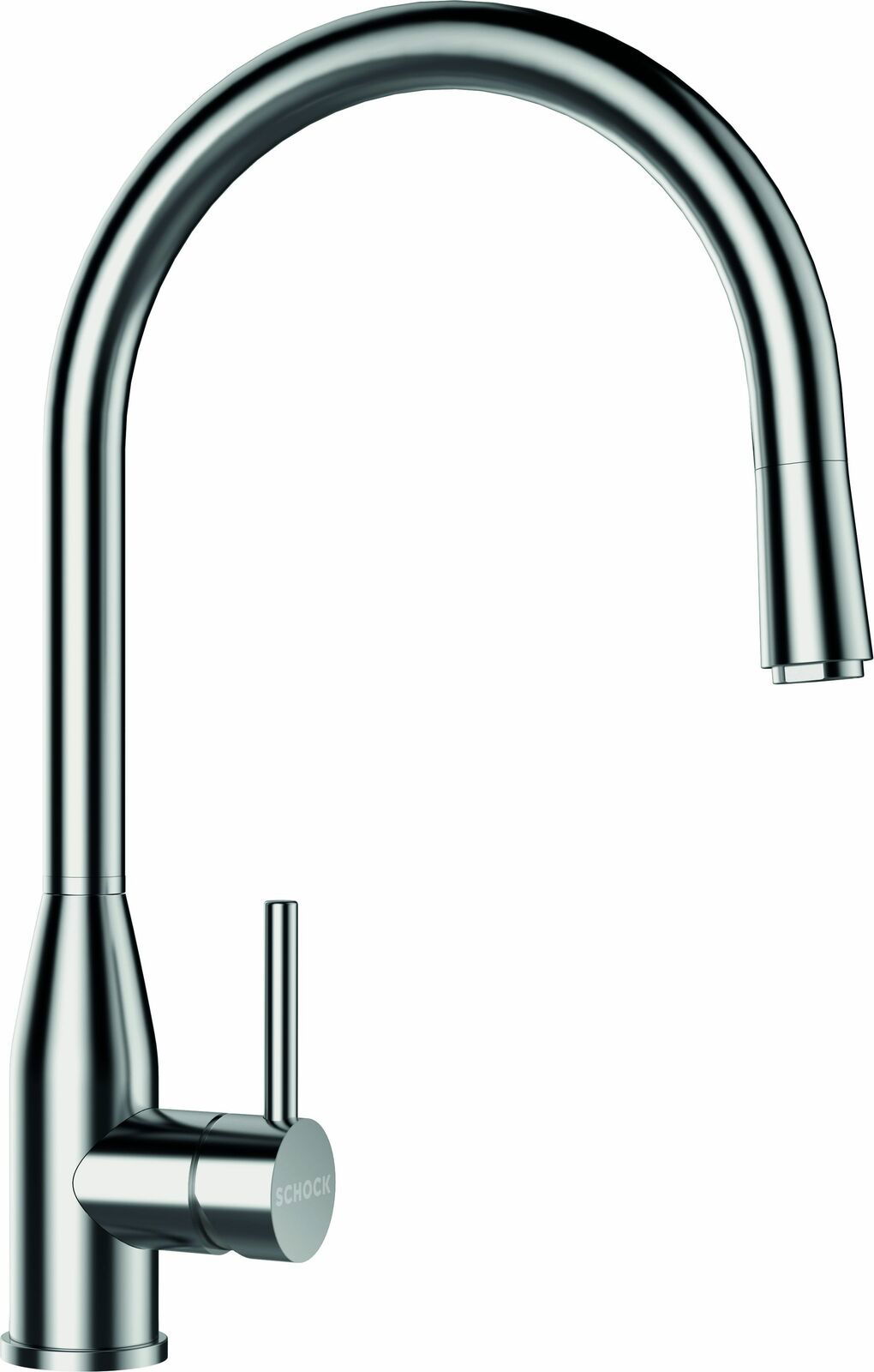 Zurbrüggen Einhebelmischer KAVUS Moderner Einhebelmischer aus Edelstahl in seitlicher Ansicht mit gebogenem Auslauf und seitlichem Hebel.