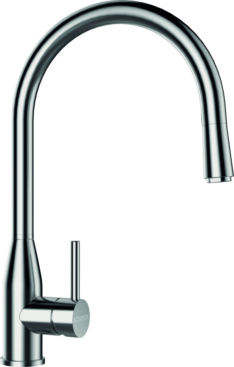 Zurbrüggen Einhebelmischer KAVUS Moderner Einhebelmischer aus Edelstahl in seitlicher Ansicht mit gebogenem Auslauf und seitlichem Hebel.