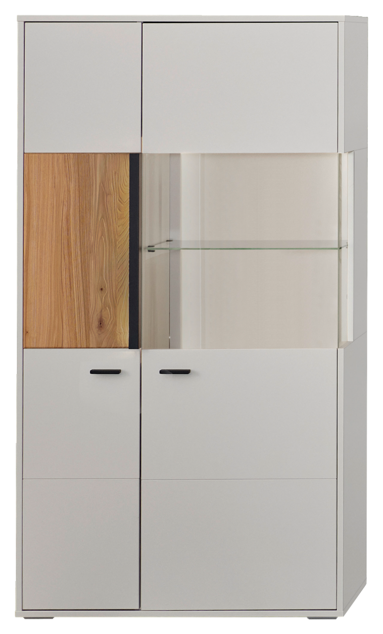 Hom´in Highboard L GLASGOW Frontansicht eines modernen Highboards mit weißen und holzfarbenen Elementen sowie Glaseinsatz.