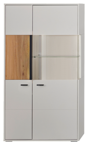 Frontansicht eines modernen Highboards mit weißen und holzfarbenen Elementen sowie Glaseinsatz.