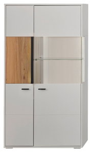 Vooraanzicht van een modern hoogkast met witte en houtkleurige elementen en een glazen inzetstuk.