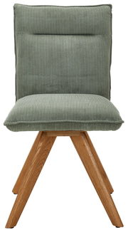 Grüner Stuhl mit geripptem Stoffbezug und Holzbeinen, Frontalansicht