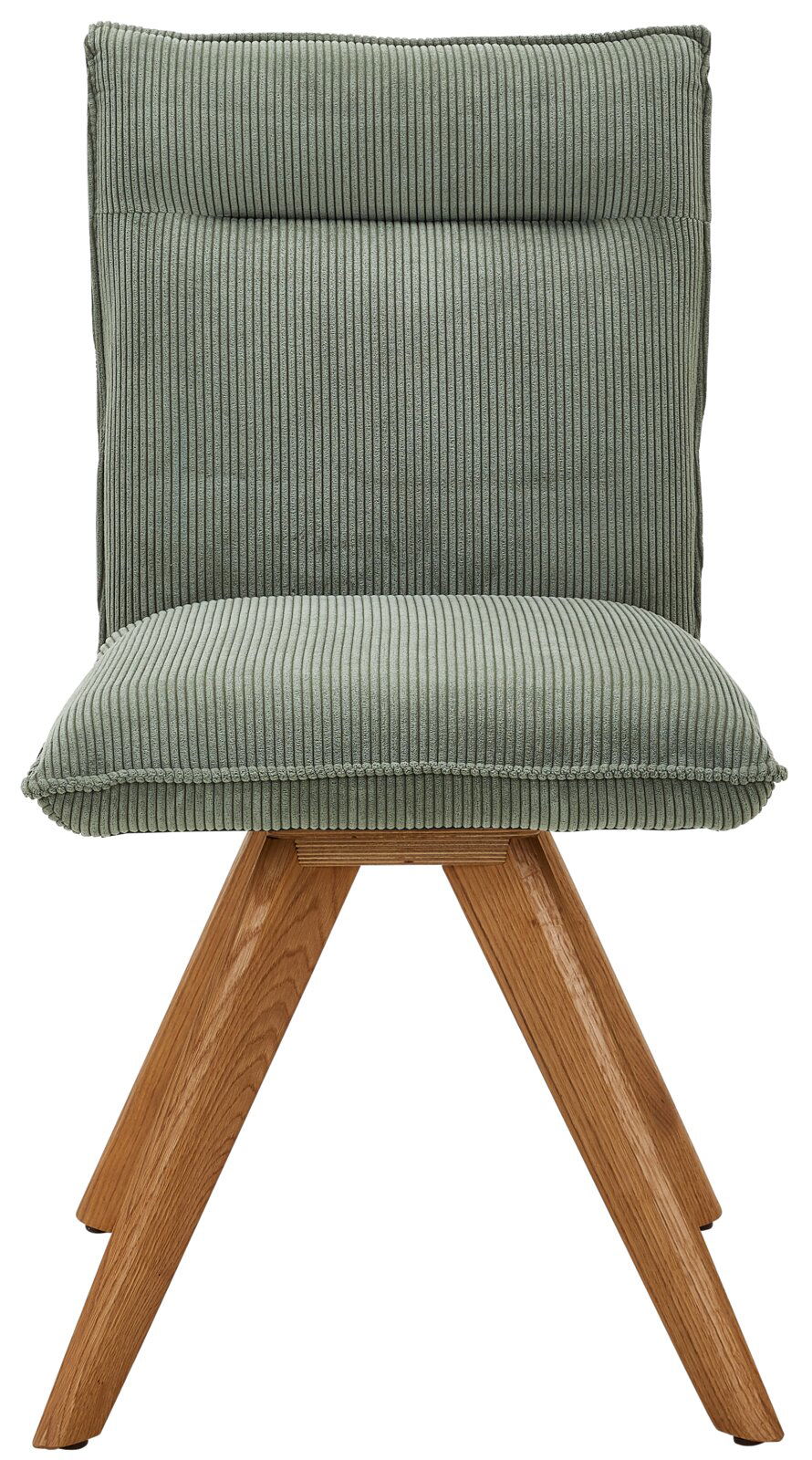 Grüner Stuhl mit geripptem Stoffbezug und Holzbeinen, Frontalansicht