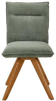 Grüner Stuhl mit geripptem Stoffbezug und Holzbeinen, Frontalansicht