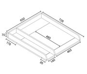 Isometrische technische Zeichnung einer flachen Schubladeneinteilung/Organizer-Einsatz mit abgerundeten Seitenwänden und Maßangaben (u. a. 728 × 650 mm, Höhe 70 mm) in schräger Draufsicht.
