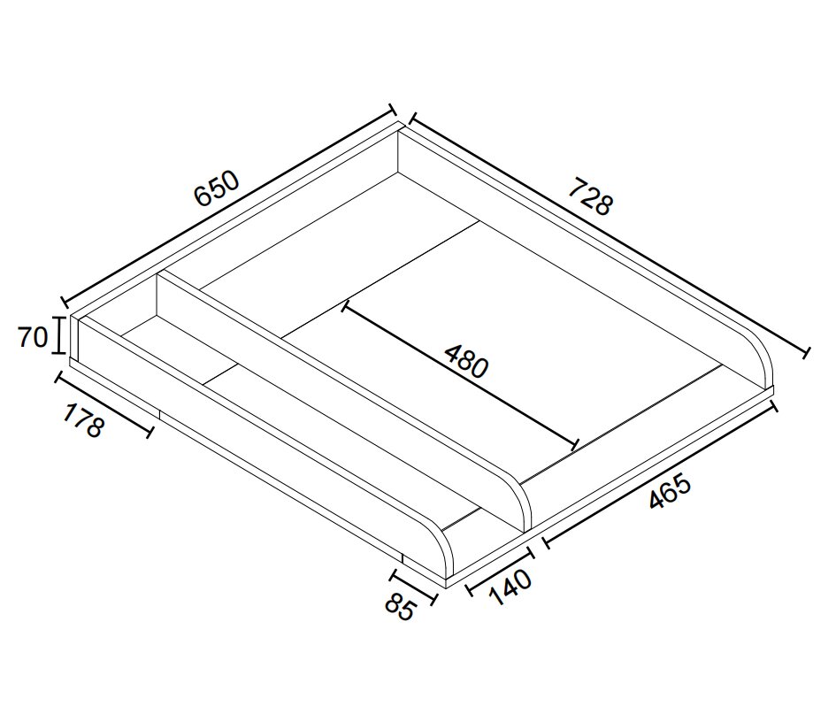 Isometrische technische Zeichnung einer flachen Schubladeneinteilung/Organizer-Einsatz mit abgerundeten Seitenwänden und Maßangaben (u. a. 728 × 650 mm, Höhe 70 mm) in schräger Draufsicht.