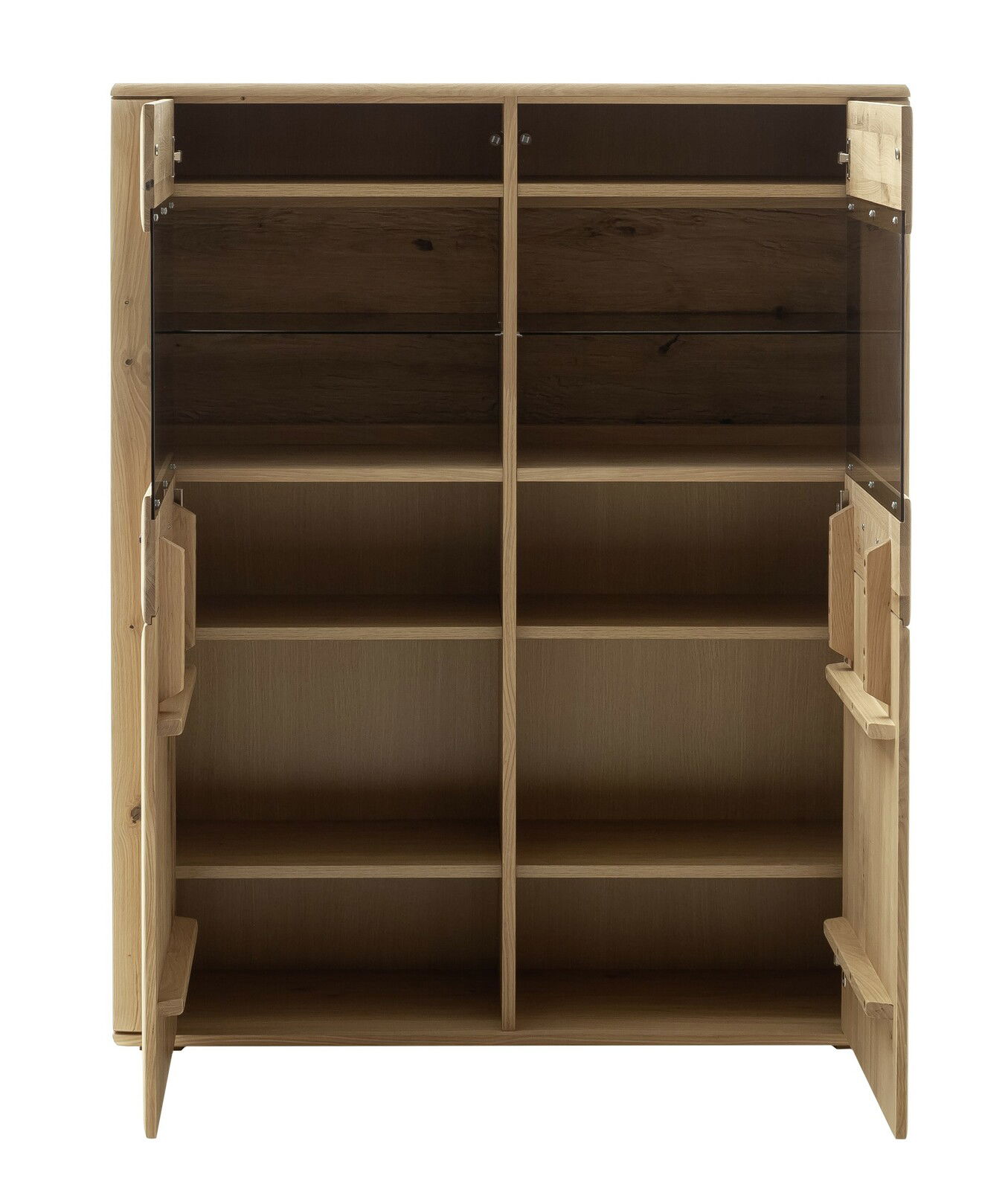 Geöffnete Vitrine ALENTO aus Holz mit mehreren Regalböden, frontale Ansicht