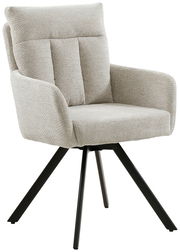 Beiger Armlehnstuhl THORSTEN mit gepolsterter Rückenlehne und schwarzem Metallgestell, seitliche Perspektive