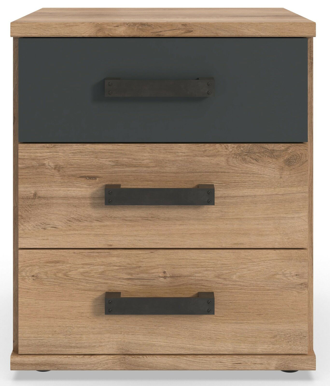 Nachtkommode aus Holz mit drei Schubladen, davon eine in dunkler Farbe, und schwarzen Griffen, Frontalansicht