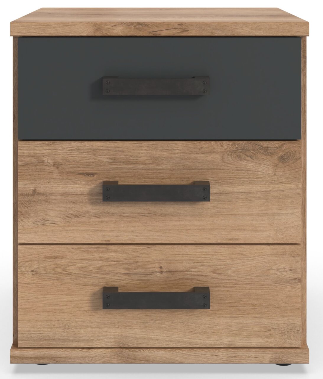 Nachtkommode aus Holz mit drei Schubladen, davon eine in dunkler Farbe, und schwarzen Griffen, Frontalansicht