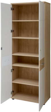 Hochschrank mit offenen Türen, fünf Regalböden, Holzoptik innen, weiße Außenseiten, frontale Ansicht