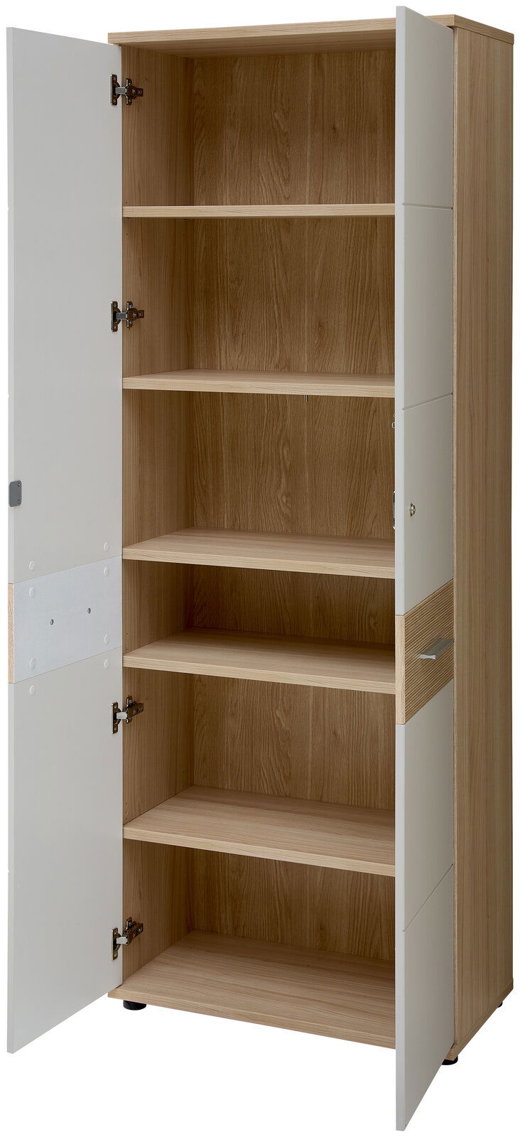 Hochschrank mit offenen Türen, fünf Regalböden, Holzoptik innen, weiße Außenseiten, frontale Ansicht