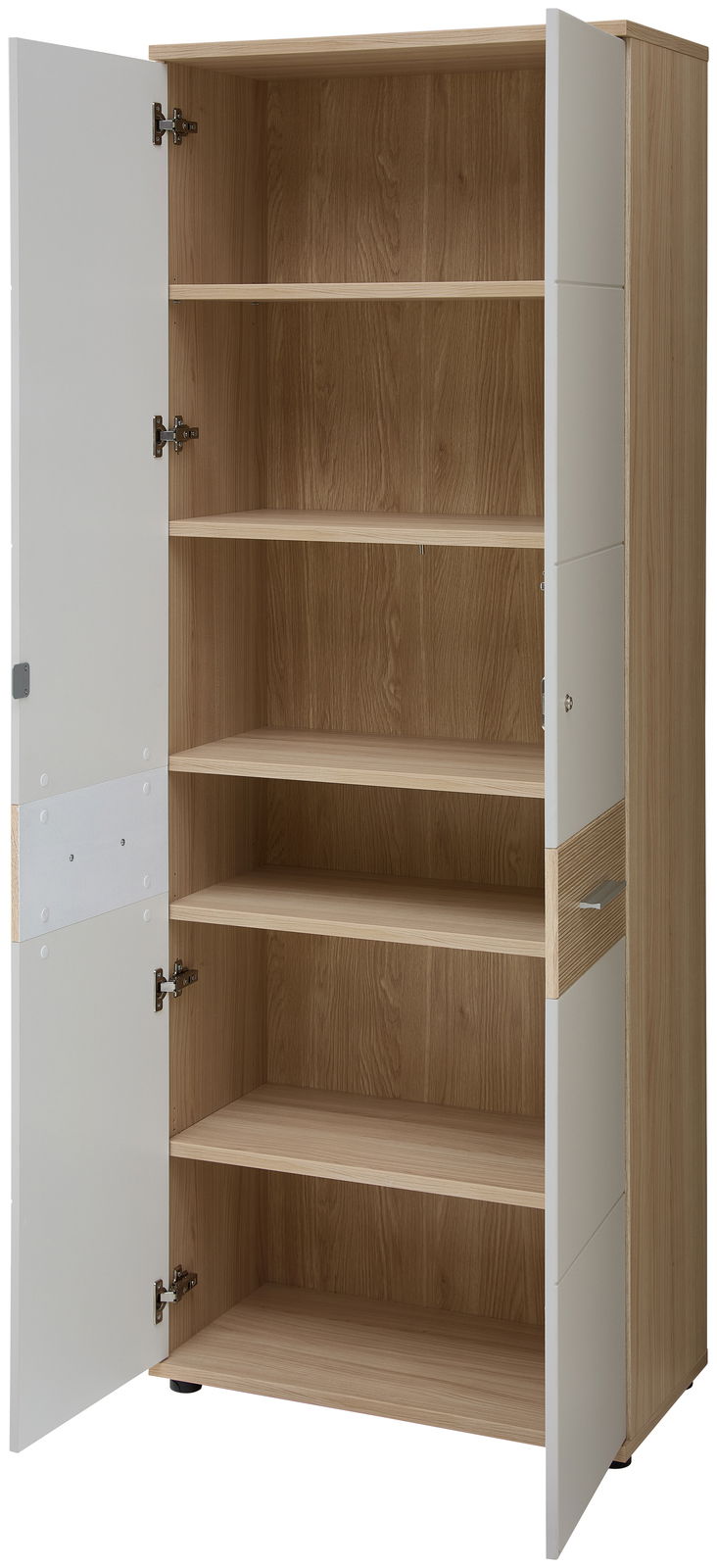 Hochschrank mit offenen Türen, fünf Regalböden, Holzoptik innen, weiße Außenseiten, frontale Ansicht