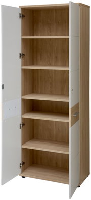 Hochschrank mit offenen Türen, fünf Regalböden, Holzoptik innen, weiße Außenseiten, frontale Ansicht
