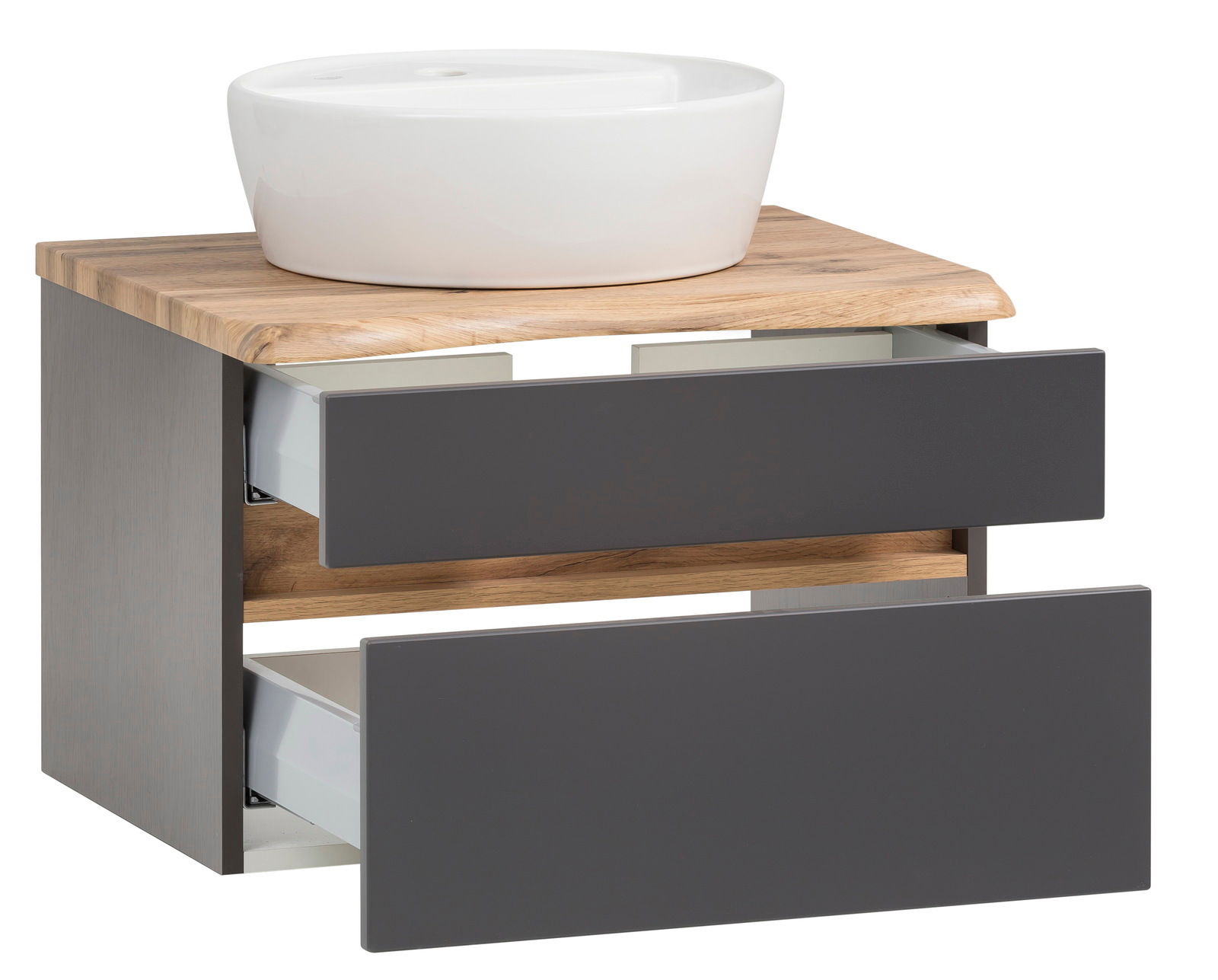 Waschtisch-Set mit weißem Aufsatzwaschbecken auf einer Holzplatte und zwei offenen Schubladen in dunklem Grau, seitliche Perspektive