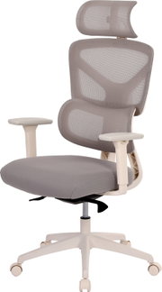 Ergonomischer Bürostuhl in Grau mit atmungsaktiver Netz-Rückenlehne, Kopfstütze, gepolsterter Sitzfläche, Armlehnen und weißem Fußkreuz auf Rollen, freigestellt auf weißem Hintergrund, Ansicht von vorne leicht seitlich