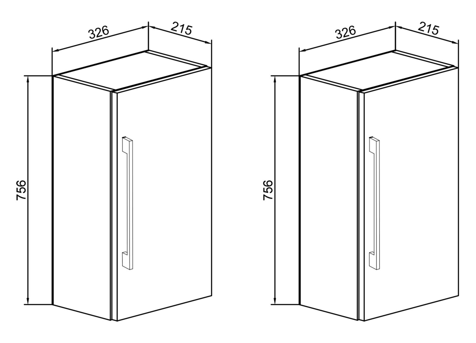 Technische Zeichnung eines schmalen Hängeschranks mit Tür und langem Griff, Maße ca. 756 mm Höhe, 326 mm Breite und 215 mm Tiefe, dargestellt in schräger Vorderansicht (Perspektive)