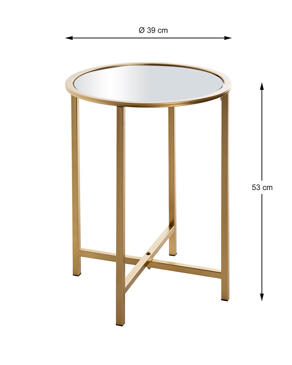 Runder Beistelltisch mit goldfarbenem Metallgestell und spiegelnder Glasplatte, Ø 39 cm und 53 cm hoch, freigestellte Studioaufnahme in leichter Draufsicht (3/4-Perspektive)