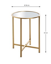 Runder Beistelltisch mit goldfarbenem Metallgestell und spiegelnder Glasplatte, Ø 39 cm und 53 cm hoch, freigestellte Studioaufnahme in leichter Draufsicht (3/4-Perspektive)