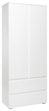 Weißer Mehrzweckschrank mit zwei Türen und zwei Schubladen, seitliche Perspektive