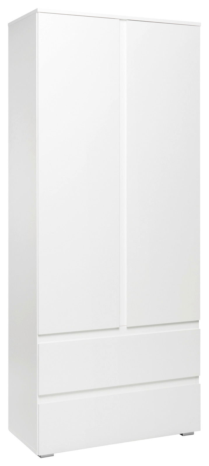 Weißer Mehrzweckschrank mit zwei Türen und zwei Schubladen, seitliche Perspektive